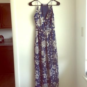 Blue maxi dress with black and white floral print